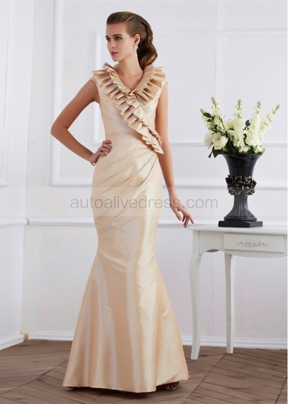 V Neck Champagne Taffeta Ruffle Mother Of The Bride Dress