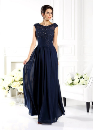 Beaded Navy Blue Lace Chiffon Elegant Mother Of The Bride Dress