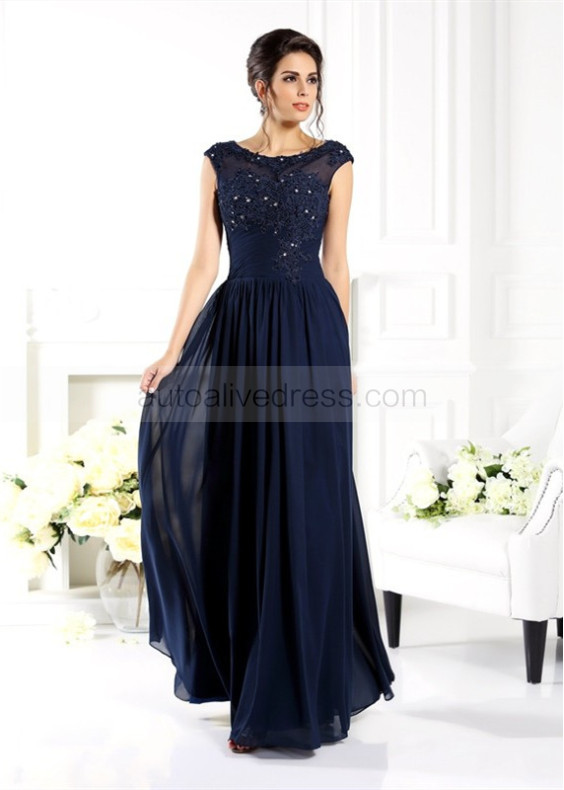 Beaded Navy Blue Lace Chiffon Elegant Mother Of The Bride Dress