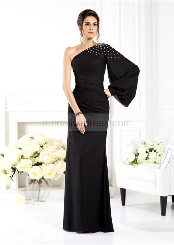 One Shoulder Beaded Black Chiffon Mother Of The Bride Dress