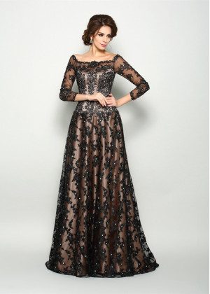 Square Neck Beaded Black Lace Tulle Mother Of The Bride Dress