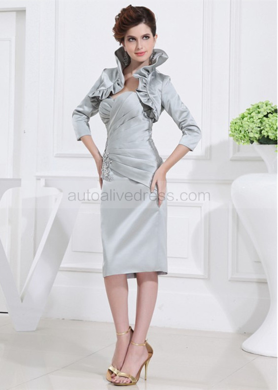 Silver Gray Pleated Satin Mother Of The Bride Dress With Jacket