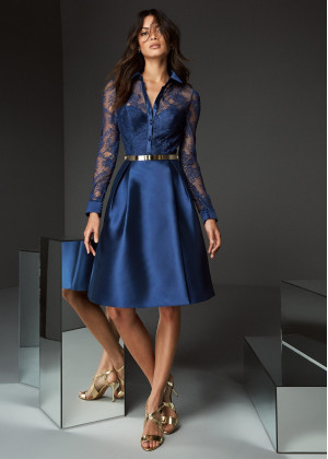 Long Sleeves Navy Blue Lace Satin Mother Of The Bride Dress