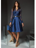 Long Sleeves Navy Blue Lace Satin Mother Of The Bride Dress