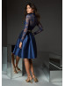Long Sleeves Navy Blue Lace Satin Mother Of The Bride Dress