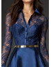 Long Sleeves Navy Blue Lace Satin Mother Of The Bride Dress