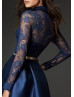 Long Sleeves Navy Blue Lace Satin Mother Of The Bride Dress