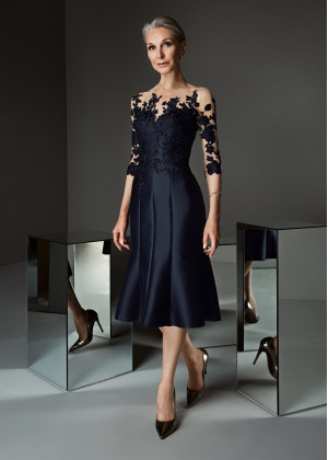 Three Quarter Sleeves Black Lace Satin Mother Of The Bride Dress