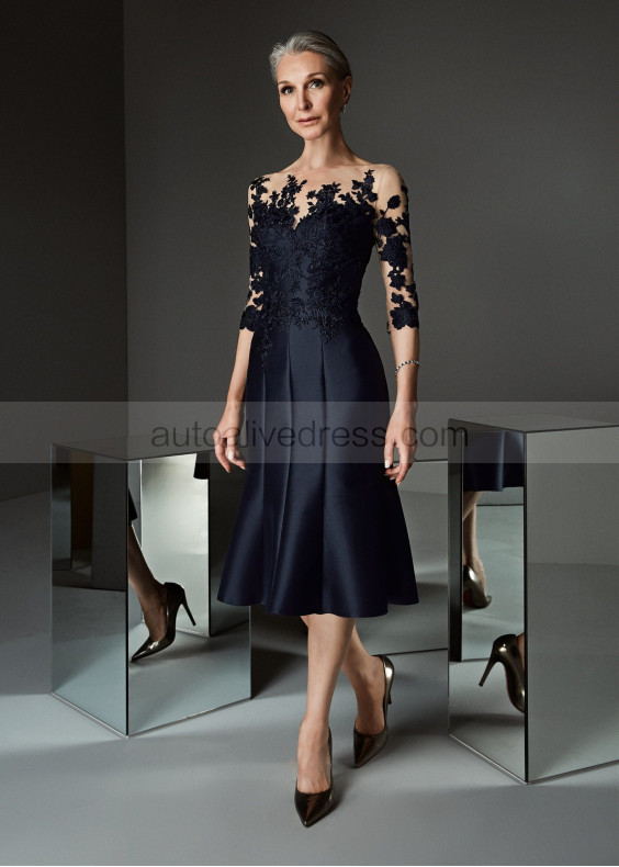 Three Quarter Sleeves Black Lace Satin Mother Of The Bride Dress