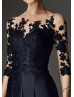 Three Quarter Sleeves Black Lace Satin Mother Of The Bride Dress