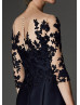 Three Quarter Sleeves Black Lace Satin Mother Of The Bride Dress