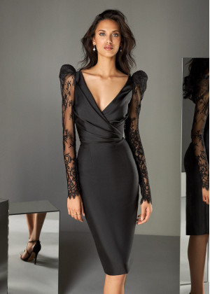 Black Pleated Lace Satin Mother Of The Bride Dress