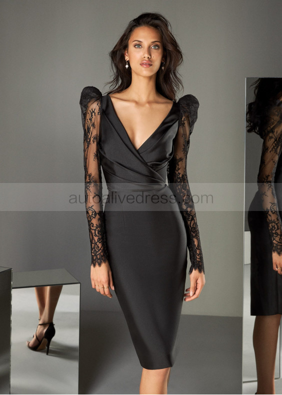 Black Pleated Lace Satin Mother Of The Bride Dress