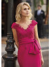 Cap Sleeves Fuchsia Lace Satin Mother Of The Bride Dress