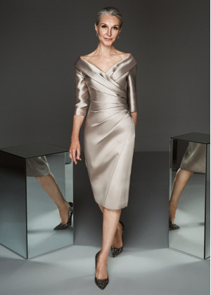 V Neck Gray Pleated Satin Mother Of The Bride Dress