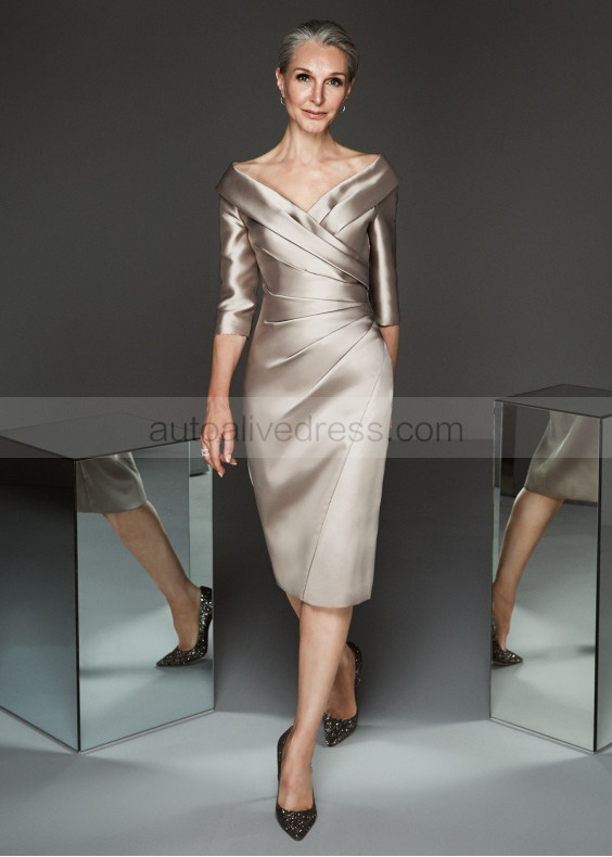 V Neck Gray Pleated Satin Mother Of The Bride Dress