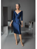 Navy Blue Satin Peplum Mother Of The Bride Dress