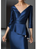 Navy Blue Satin Peplum Mother Of The Bride Dress