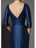 Navy Blue Satin Peplum Mother Of The Bride Dress