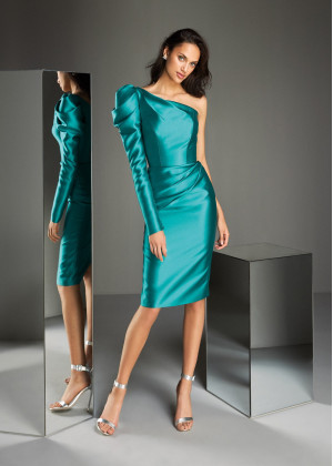 One Shoulder Teal Satin Mother Of The Bride Dress