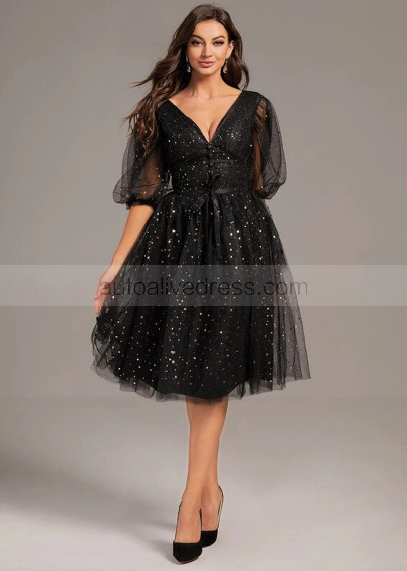 A-line Elbow Sleeves Black Starry Tulle Cinched Waist Party Dress