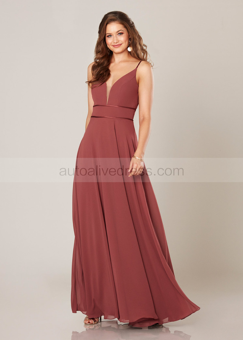 A-line Spaghetti Straps Sangria Chiffon V Back Bridesmaid Dress