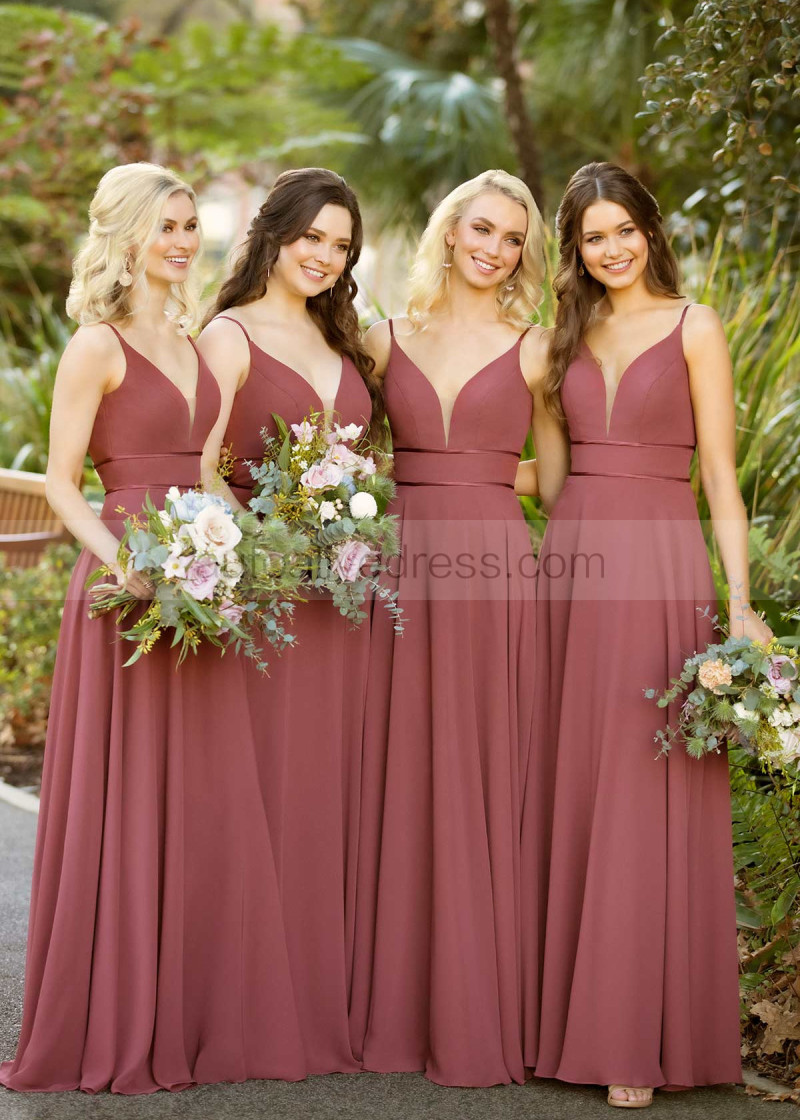 A-line Spaghetti Straps Sangria Chiffon V Back Bridesmaid Dress