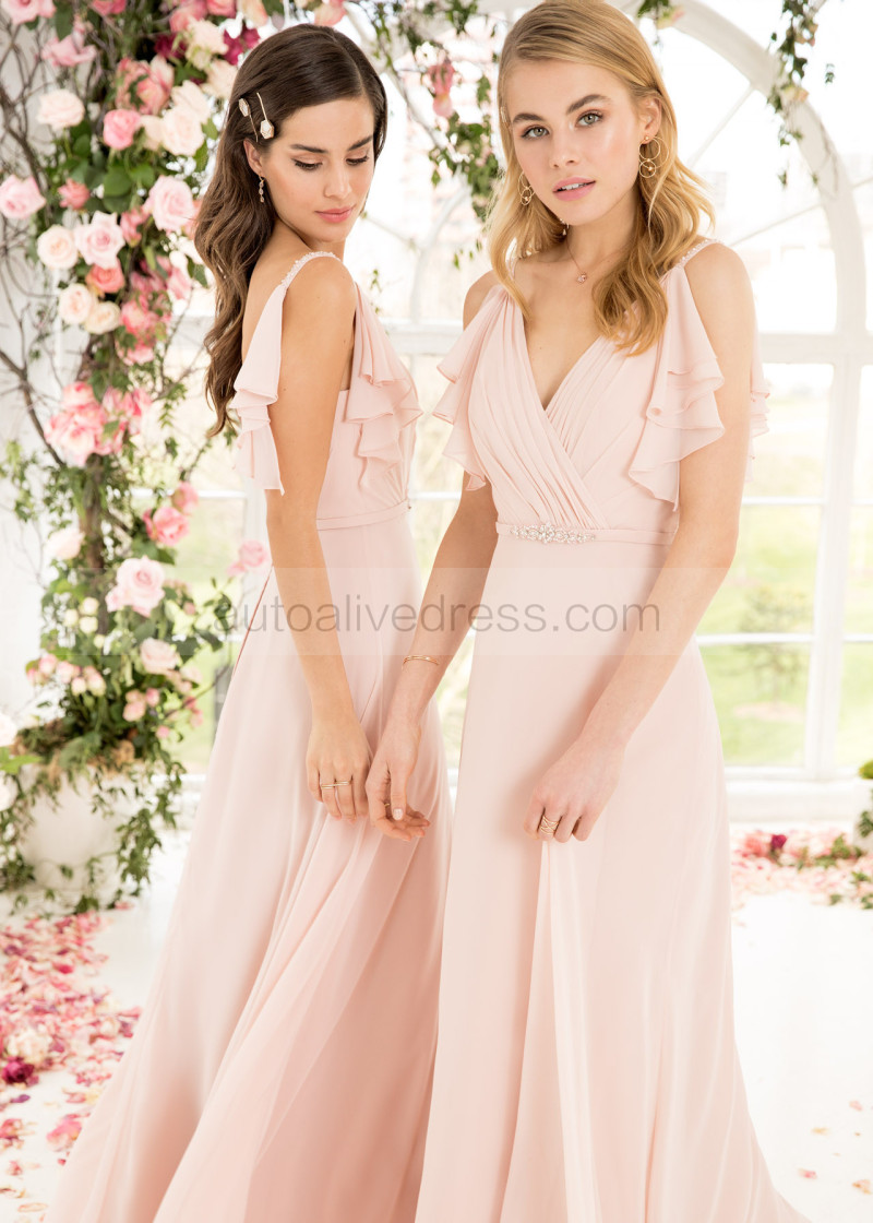 A-line Beaded Pleated Ballet Pink Chiffon Bridesmaid Dress
