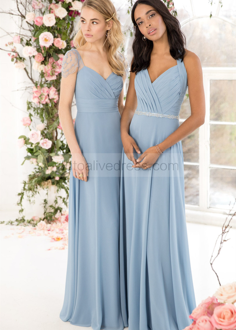 A-line Beaded Cap Sleeve Pleated Blue Chiffon Bridesmaid Dress A-line Beaded Cap Sleeve Pleated Blue Chiffon Bridesmaid Dress