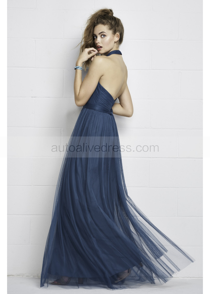 A-line Halter Teal Tulle Open Back Bridesmaid Dress