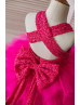 Hot Pink Lace Tulle Cross Back Knee Length Flower Girl Dress