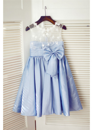 Blue Taffeta Ivory Lace V Back Knee Length Flower Girl Dress