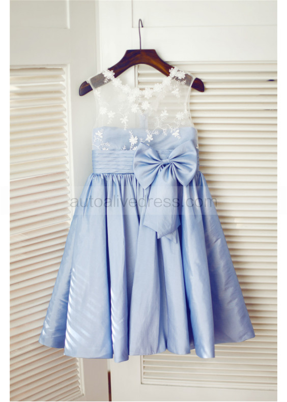 Blue Taffeta Ivory Lace V Back Knee Length Flower Girl Dress