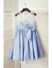 Blue Taffeta Ivory Lace V Back Knee Length Flower Girl Dress