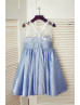 Blue Taffeta Ivory Lace V Back Knee Length Flower Girl Dress