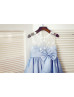 Blue Taffeta Ivory Lace V Back Knee Length Flower Girl Dress