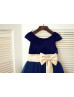 Navy Blue Velvet Tulle Tea Length Flower Girl Dress