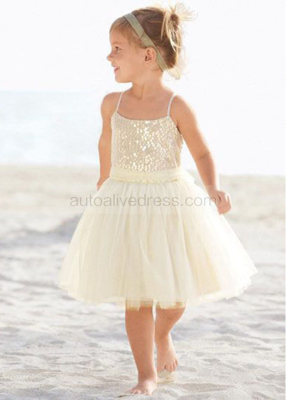 Thin Straps Gold Sequin Ivory Tulle Knee Length Flower Girl Dress With Tulle Sash