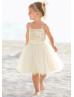 Thin Straps Gold Sequin Ivory Tulle Knee Length Flower Girl Dress With Tulle Sash