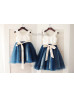 Ivory Satin Navy Blue Tulle Ruffle Straps Flower Girl Dress