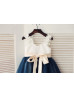 Ivory Satin Navy Blue Tulle Ruffle Straps Flower Girl Dress