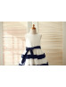 Ivory Taffeta Navy Blue Stripes Slit Back Knee Length Flower Girl Dress
