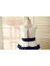 Ivory Taffeta Navy Blue Stripes Slit Back Knee Length Flower Girl Dress