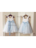 Ivory Satin Sky Blue Tulle Ruffle Straps Flower Girl Dress