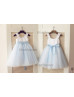 Ivory Satin Sky Blue Tulle Ruffle Straps Flower Girl Dress