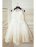 Ivory Satin Tulle Champagne Lace Cap Sleeves Tea Length Flower Girl Dress 