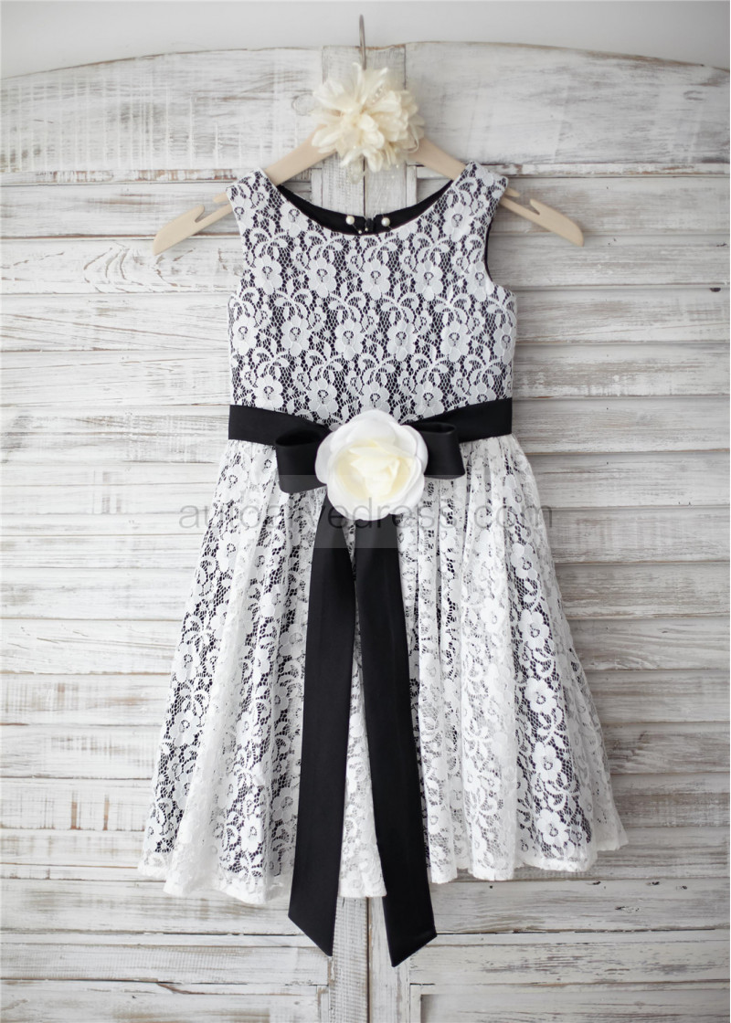 A-line Ivory And Black Lace Knee Length Flower Girl Dress With Flower Sash A-line Ivory And Black Lace Knee Length Flower Girl Dress With Flower Sash