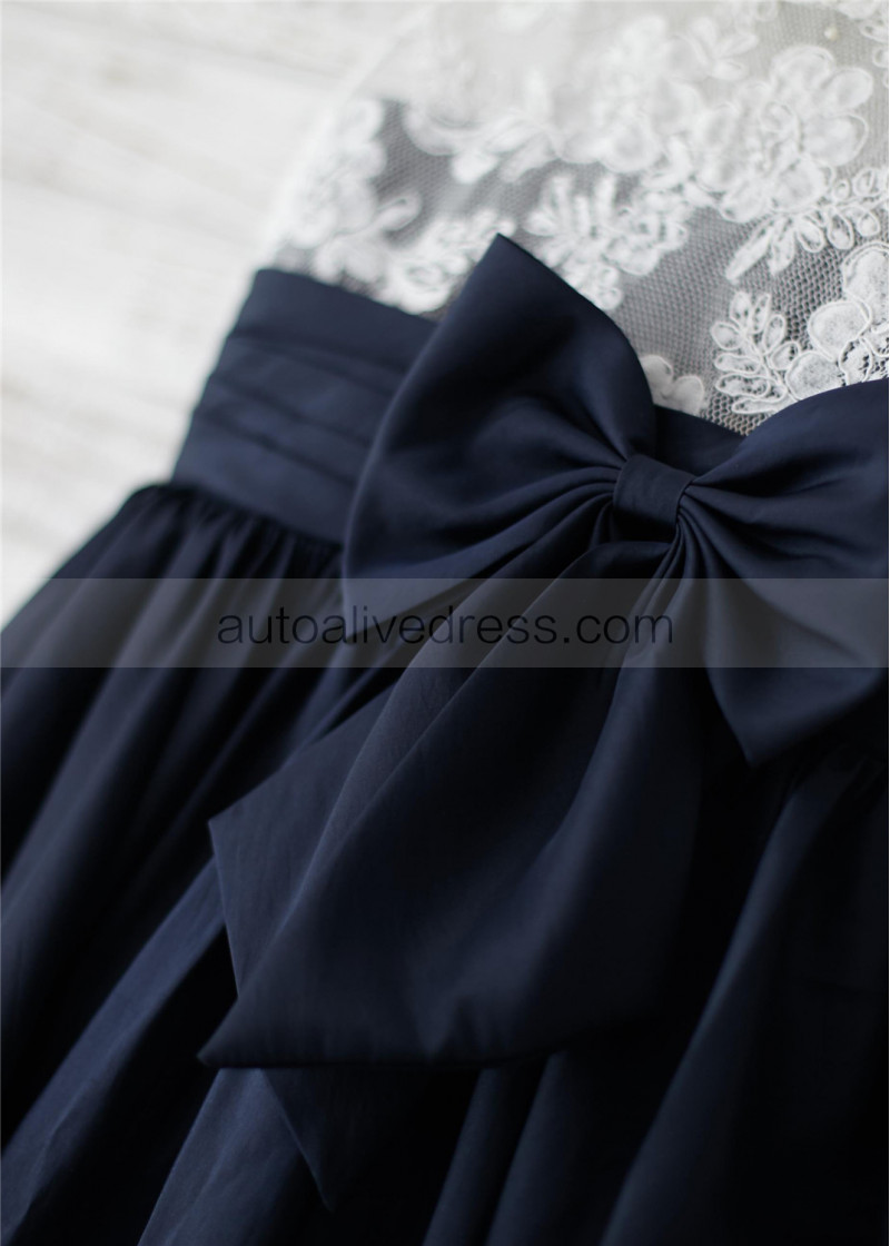 A-line Navy Blue Taffeta Ivory Lace V Back Knee Length Flower Girl Dress