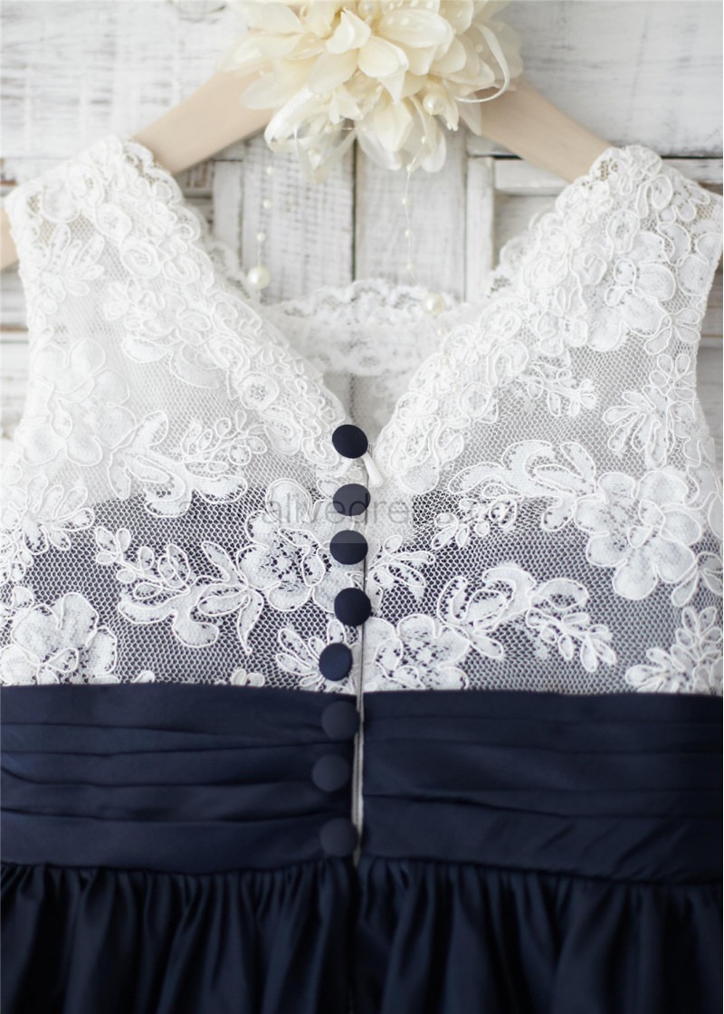 A-line Navy Blue Taffeta Ivory Lace V Back Knee Length Flower Girl Dress A-line Navy Blue Taffeta Ivory Lace V Back Knee Length Flower Girl Dress