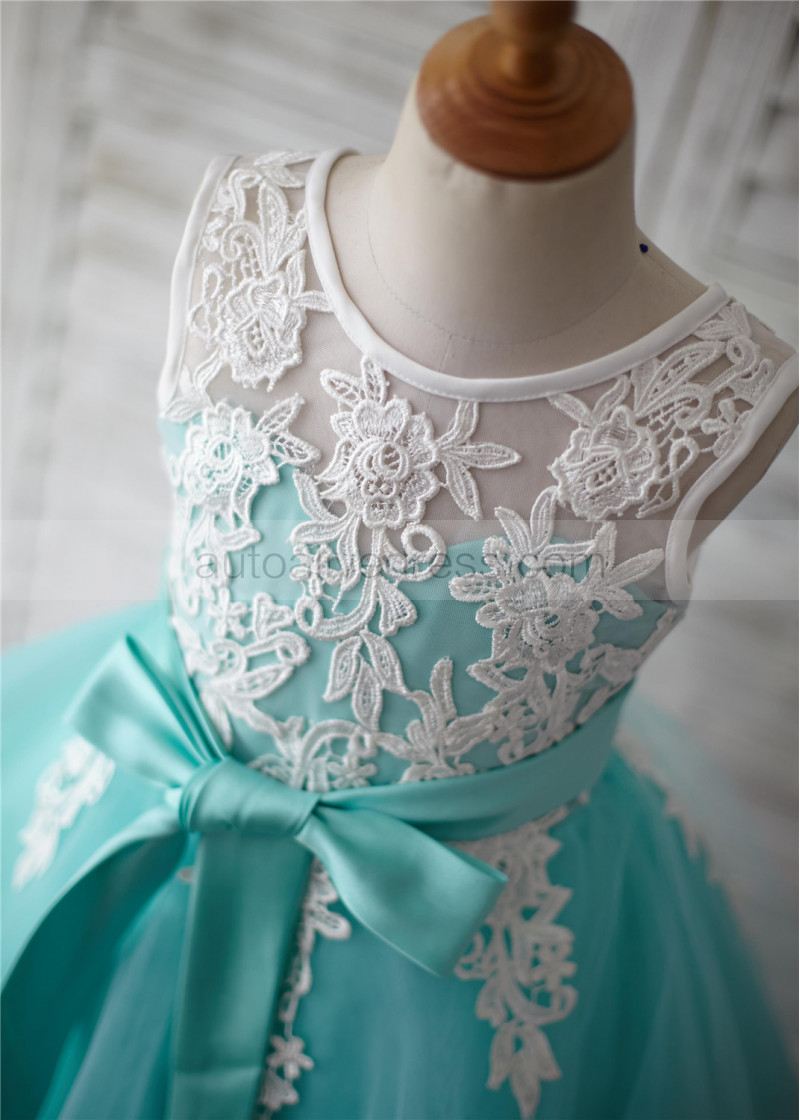 A-line Turquoise Tulle Ivory Lace V Back Knee Length Flower Girl Dress